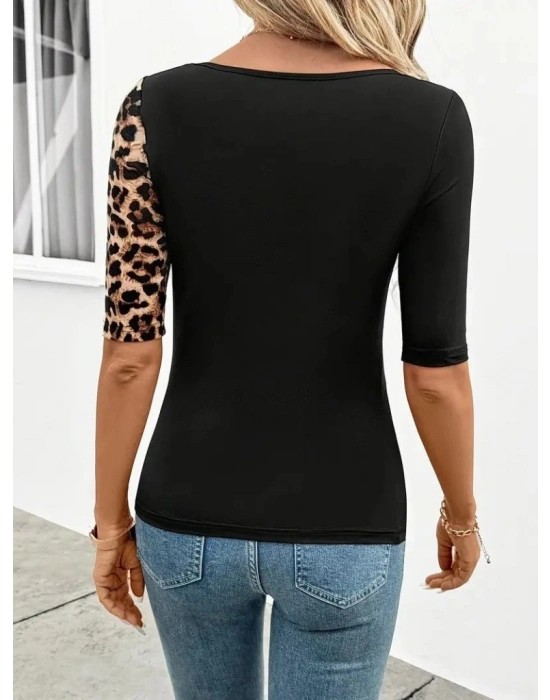 Kadın Kısa Kollu Asimetrik Kesim V Detaylı Leopar Desenli Viskon Bluz