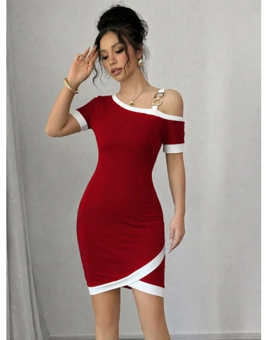 Kadın Kısa Kollu Asimetrik Kesim Yaka şerit Ve Aksesuar Detaylı odal Elbise