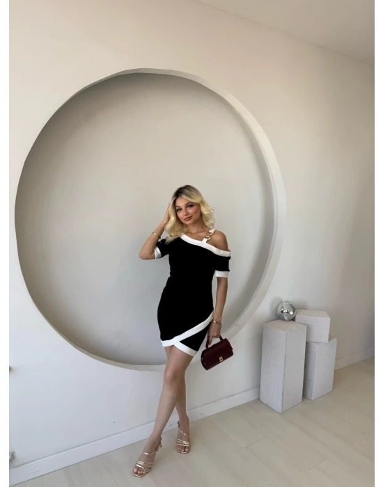 Kadın Kısa Kollu Asimetrik Kesim Yaka şerit Ve Aksesuar Detaylı odal Elbise