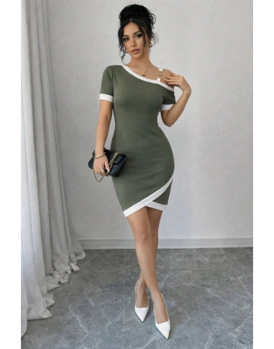 Kadın Kısa Kollu Asimetrik Kesim Yaka şerit Ve Aksesuar Detaylı odal Elbise