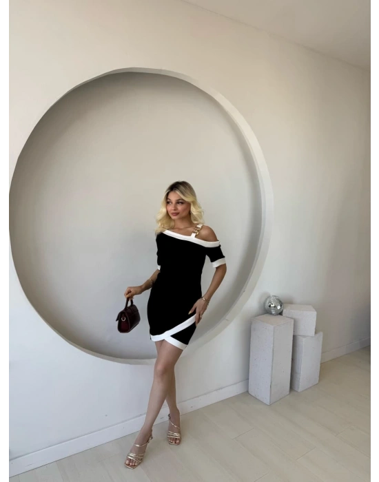 Kadın Kısa Kollu Asimetrik Kesim Yaka şerit Ve Aksesuar Detaylı odal Elbise