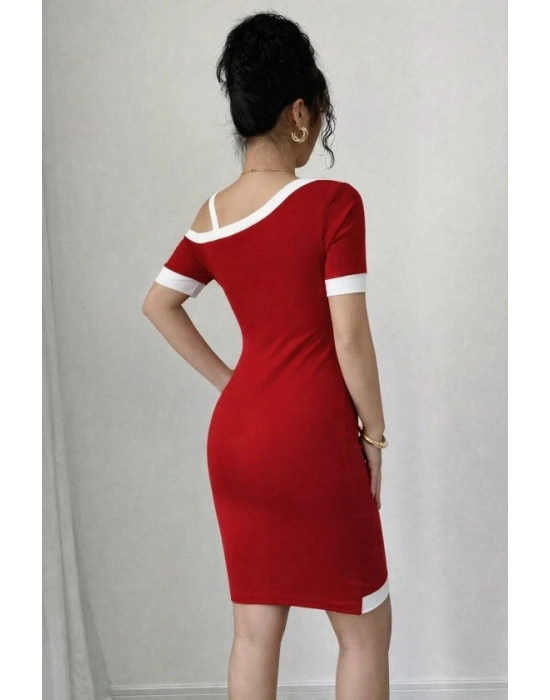 Kadın Kısa Kollu Asimetrik Kesim Yaka şerit Ve Aksesuar Detaylı odal Elbise