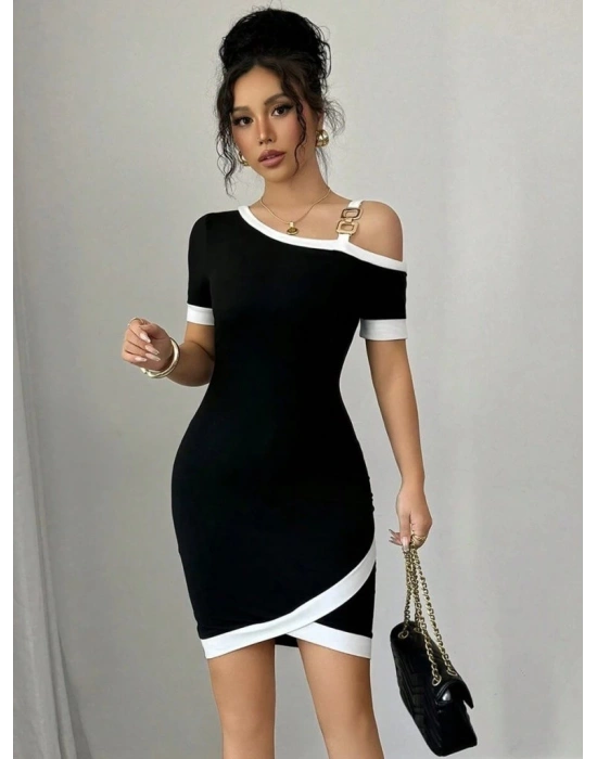 Kadın Kısa Kollu Asimetrik Kesim Yaka şerit Ve Aksesuar Detaylı odal Elbise