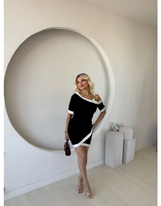 Kadın Kısa Kollu Asimetrik Kesim Yaka şerit Ve Aksesuar Detaylı odal Elbise