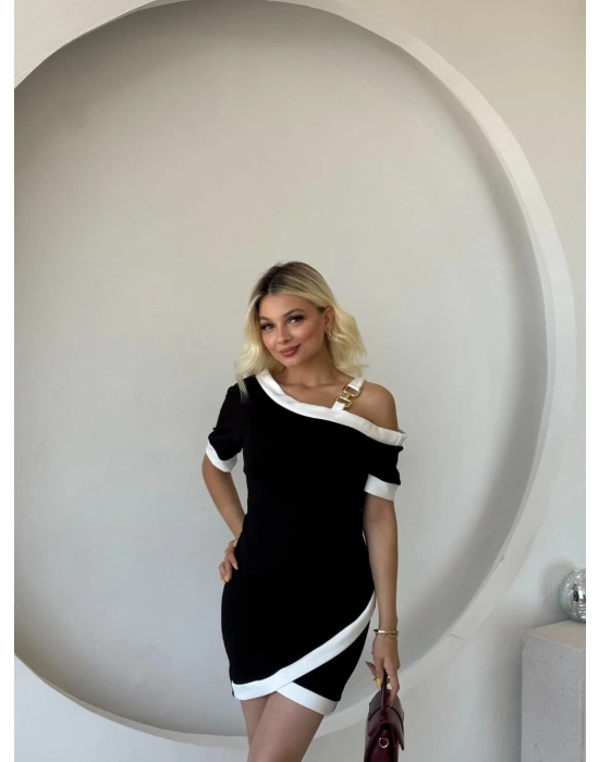 Kadın Kısa Kollu Asimetrik Kesim Yaka şerit Ve Aksesuar Detaylı odal Elbise