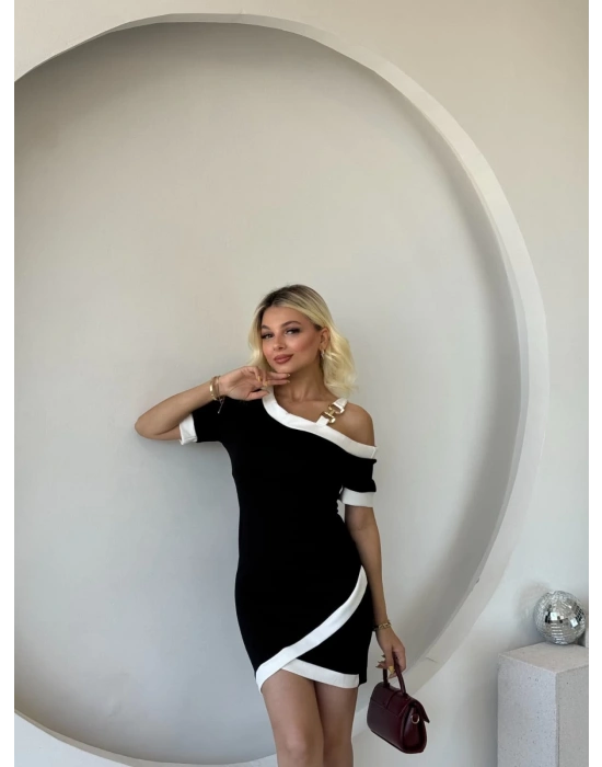 Kadın Kısa Kollu Asimetrik Kesim Yaka şerit Ve Aksesuar Detaylı odal Elbise