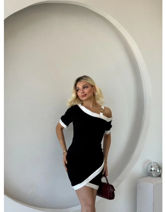 Kadın Kısa Kollu Asimetrik Kesim Yaka şerit Ve Aksesuar Detaylı odal Elbise