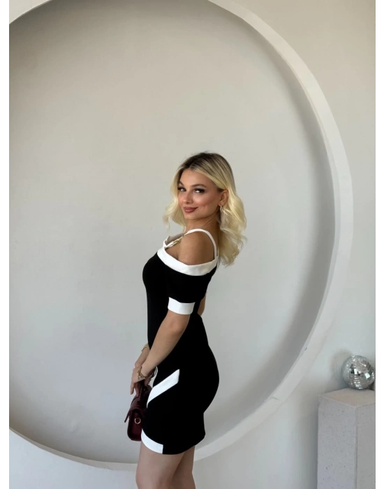 Kadın Kısa Kollu Asimetrik Kesim Yaka şerit Ve Aksesuar Detaylı odal Elbise