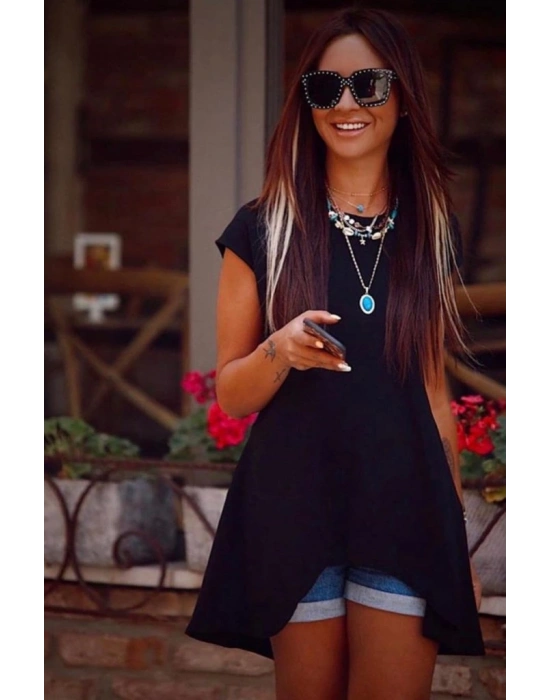 Kadın Kısa Kollu Asimetrik Viskon Kumaş Bluz