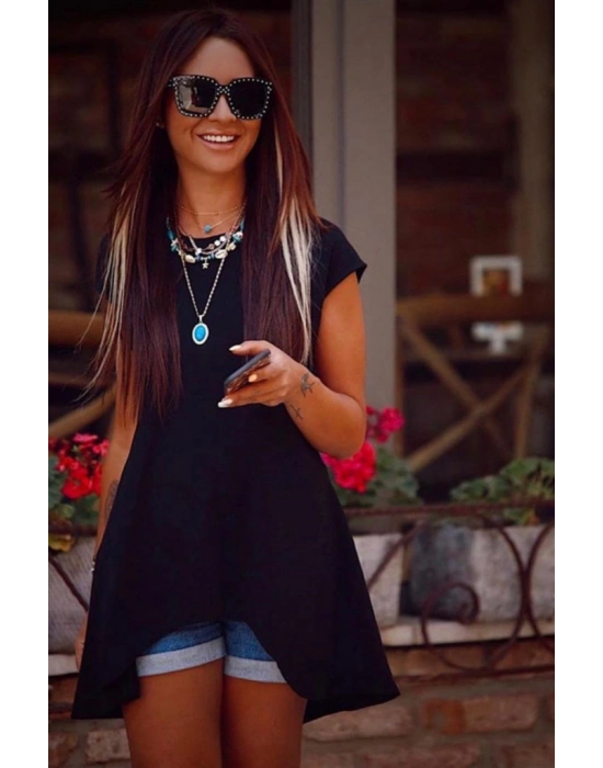 Kadın Kısa Kollu Asimetrik Viskon Kumaş Bluz