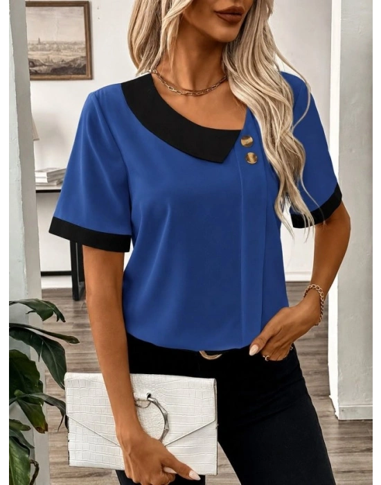 Kadın Kısa Kollu Asımetrik Yaka Detaylı Düğmeli Dubai Bluz