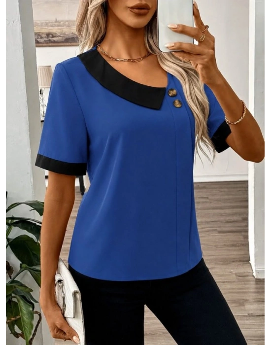 Kadın Kısa Kollu Asımetrik Yaka Detaylı Düğmeli Dubai Bluz