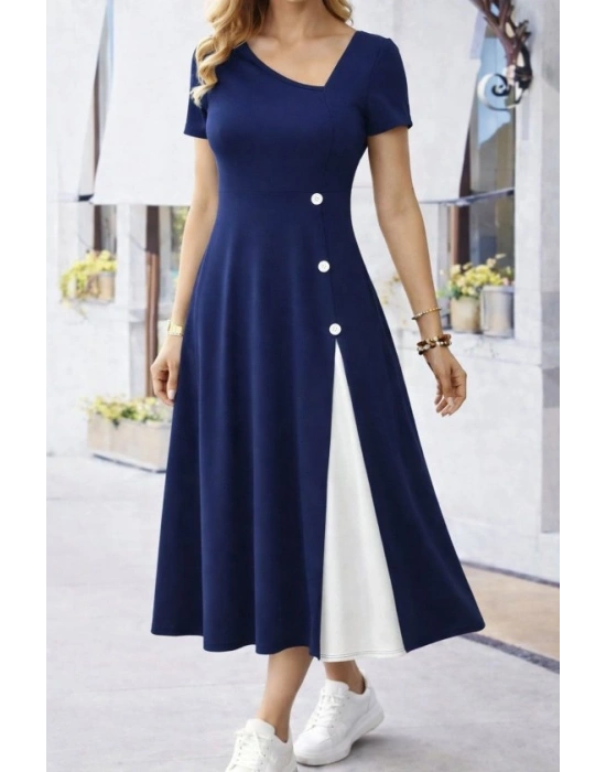 Kadın Kısa Kollu Asimetrik Yakalı Düğme Detaylı Midi Viskon Elbise