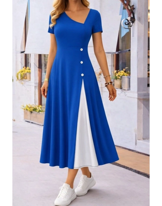 Kadın Kısa Kollu Asimetrik Yakalı Düğme Detaylı Midi Viskon Elbise