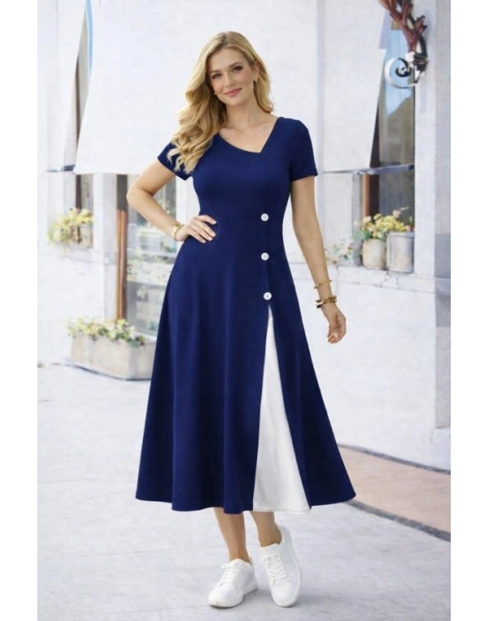 Kadın Kısa Kollu Asimetrik Yakalı Düğme Detaylı Midi Viskon Elbise