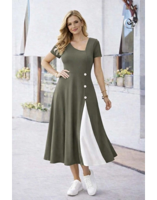 Kadın Kısa Kollu Asimetrik Yakalı Düğme Detaylı Midi Viskon Elbise