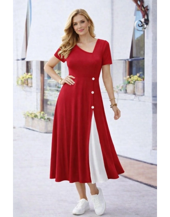 Kadın Kısa Kollu Asimetrik Yakalı Düğme Detaylı Midi Viskon Elbise