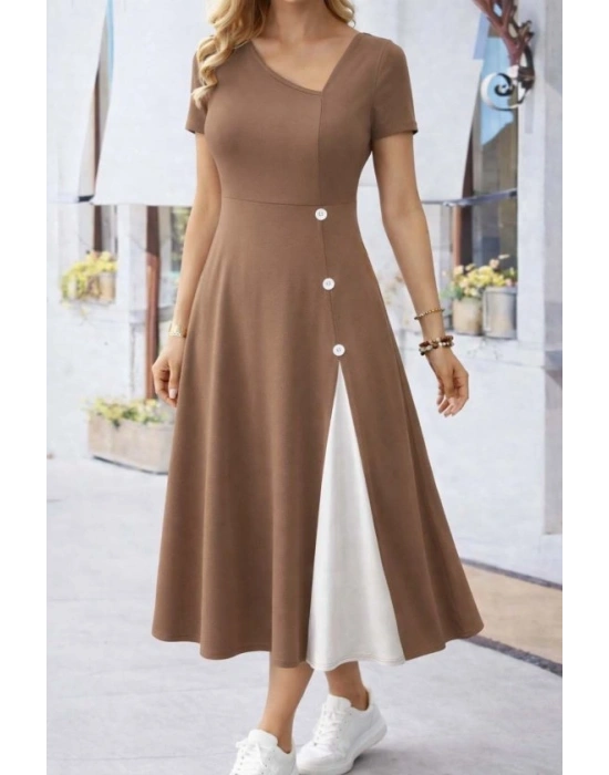 Kadın Kısa Kollu Asimetrik Yakalı Düğme Detaylı Midi Viskon Elbise