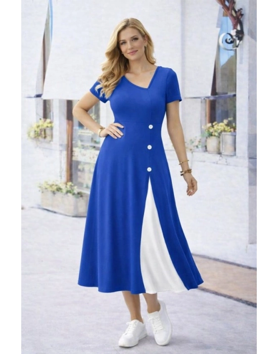 Kadın Kısa Kollu Asimetrik Yakalı Düğme Detaylı Midi Viskon Elbise