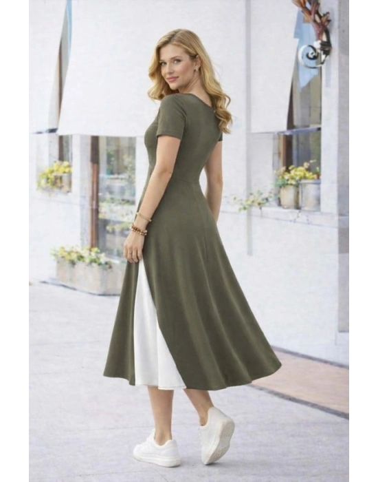 Kadın Kısa Kollu Asimetrik Yakalı Düğme Detaylı Midi Viskon Elbise