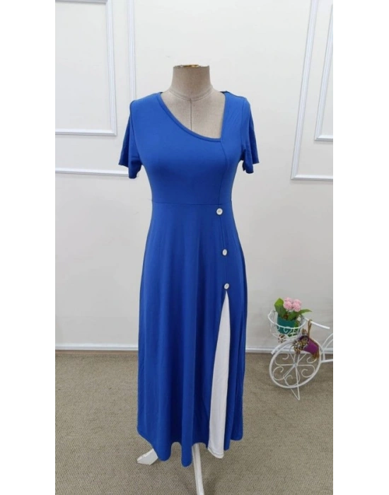 Kadın Kısa Kollu Asimetrik Yakalı Düğme Detaylı Midi Viskon Elbise