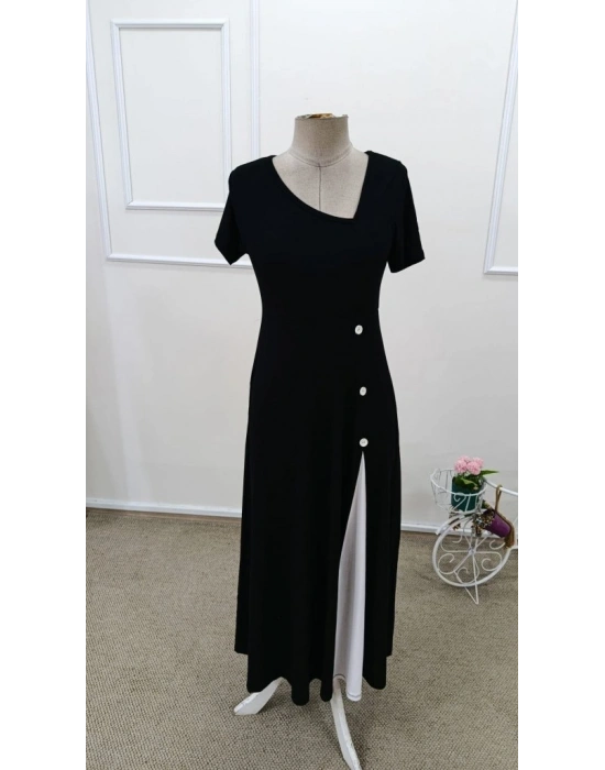 Kadın Kısa Kollu Asimetrik Yakalı Düğme Detaylı Midi Viskon Elbise