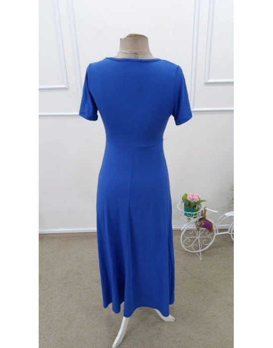 Kadın Kısa Kollu Asimetrik Yakalı Düğme Detaylı Midi Viskon Elbise