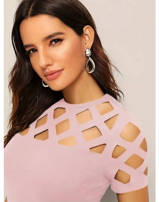 Kadın Kısa Kollu Baklava Desen Lazer Kesim Ithal Krep Bluz