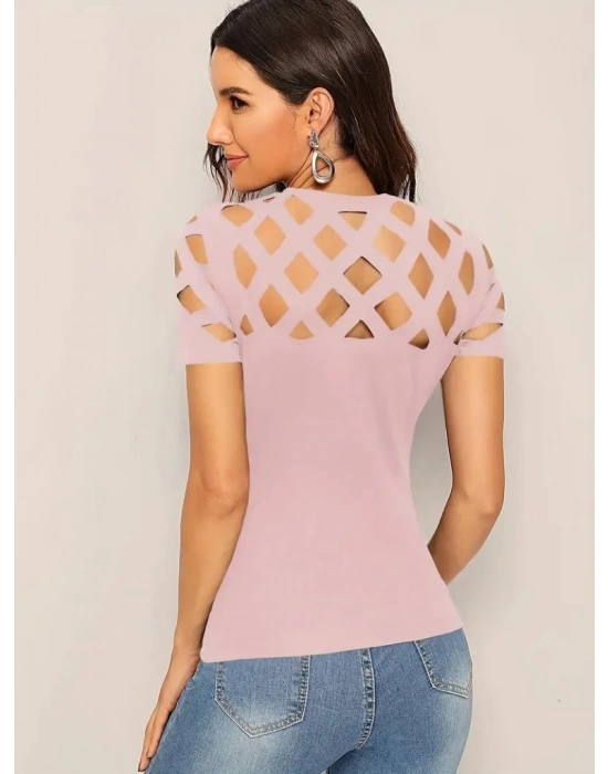 Kadın Kısa Kollu Baklava Desen Lazer Kesim Ithal Krep Bluz