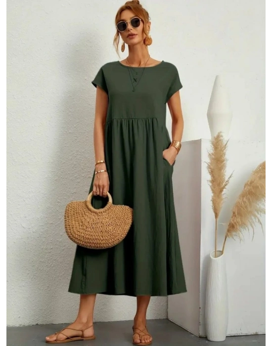 Kadın Kısa Kollu Bel Büzgü Detay Bürümcük Midi Boy Salaş Elbise