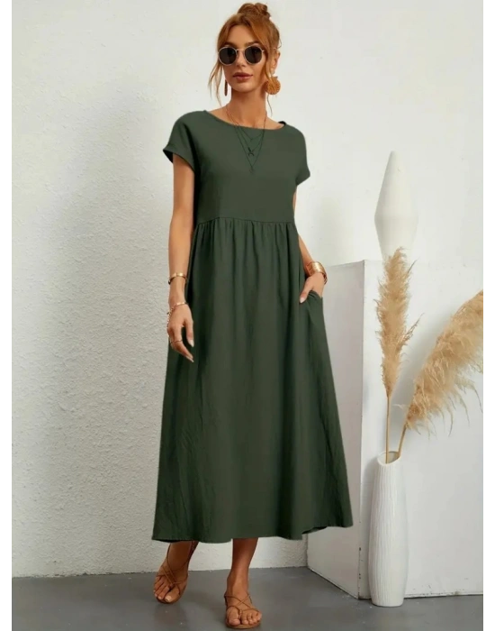 Kadın Kısa Kollu Bel Büzgü Detay Bürümcük Midi Boy Salaş Elbise