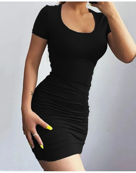 Kadın Kısa Kollu Bel çapraz şerit Detay Büzgülü Sandy Kumaş Elbise