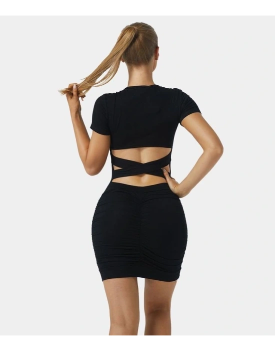 Kadın Kısa Kollu Bel çapraz şerit Detay Büzgülü Sandy Kumaş Elbise