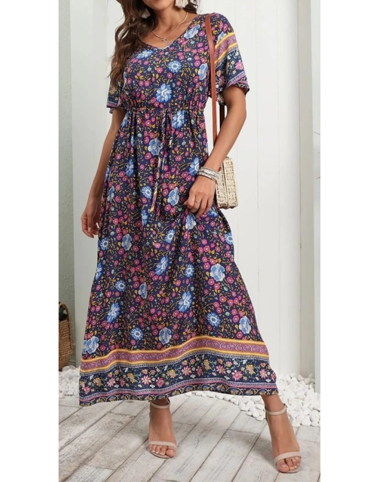 Kadın Kısa Kollu Beli Lastikli çiçek Desen Tam Boy Elbise