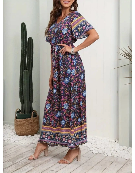 Kadın Kısa Kollu Beli Lastikli çiçek Desen Tam Boy Elbise
