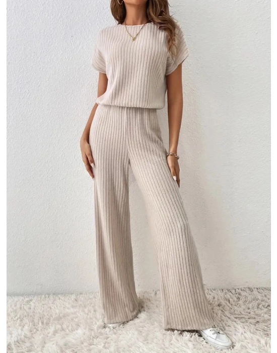 Kadın Kısa Kollu Beli Lastikli Kalın Fitilli Kaşkorse Salaş Tulum