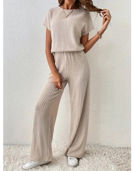 Kadın Kısa Kollu Beli Lastikli Kalın Fitilli Kaşkorse Salaş Tulum