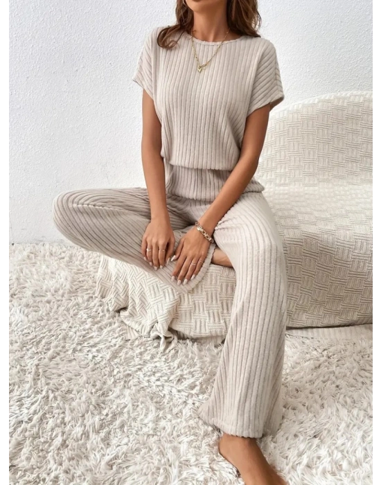 Kadın Kısa Kollu Beli Lastikli Kalın Fitilli Kaşkorse Salaş Tulum