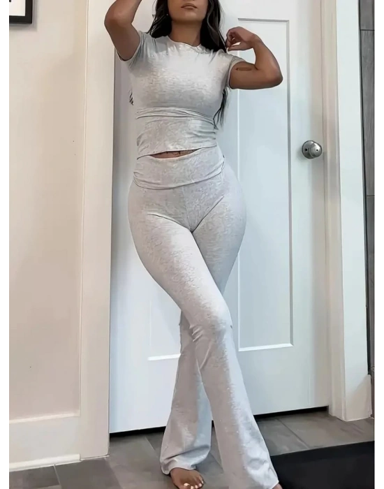 Kadın Kısa Kollu Bisiklet Yaka Alt Ispanyol Paça Viskon Ikili Takım