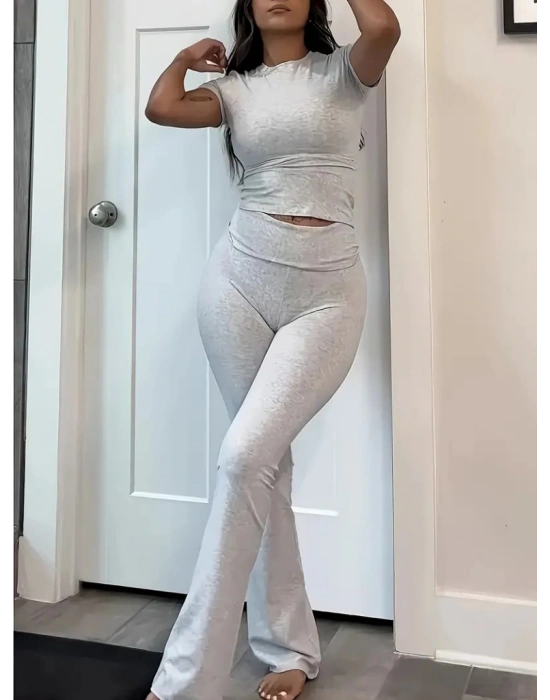 Kadın Kısa Kollu Bisiklet Yaka Alt Ispanyol Paça Viskon Ikili Takım