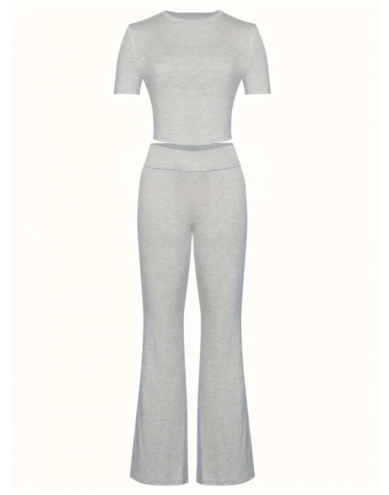 Kadın Kısa Kollu Bisiklet Yaka Alt Ispanyol Paça Viskon Ikili Takım