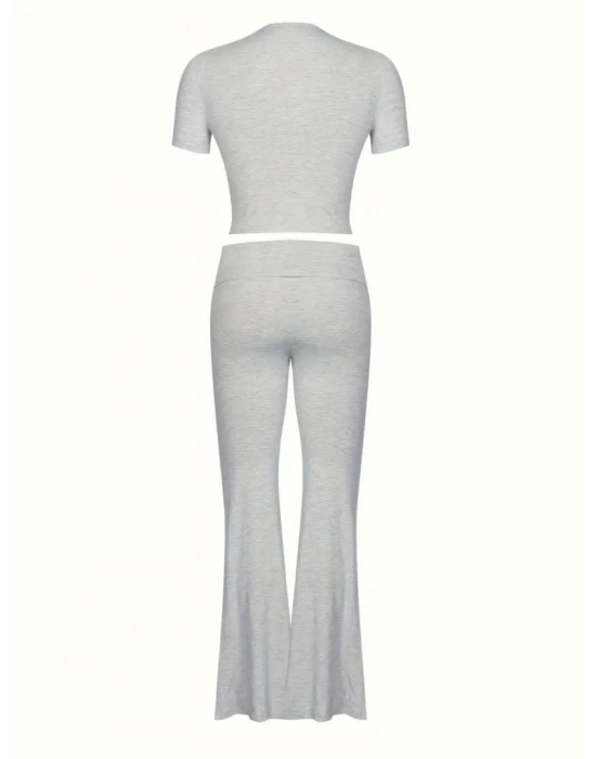 Kadın Kısa Kollu Bisiklet Yaka Alt Ispanyol Paça Viskon Ikili Takım