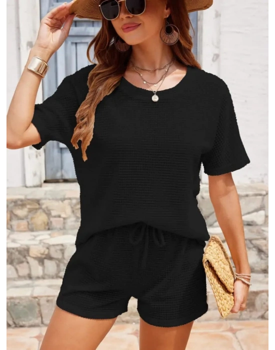 Kadın Kısa Kollu Bisiklet Yaka Alt Ve üst Waffle Ikili Takım