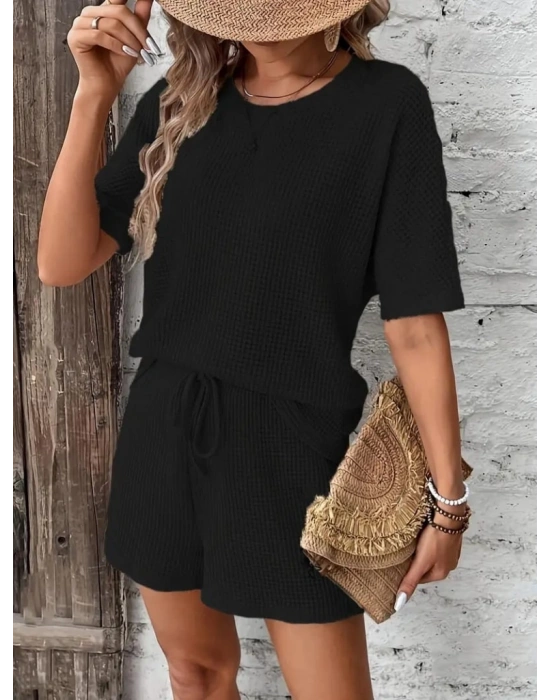 Kadın Kısa Kollu Bisiklet Yaka Alt Ve üst Waffle Ikili Takım