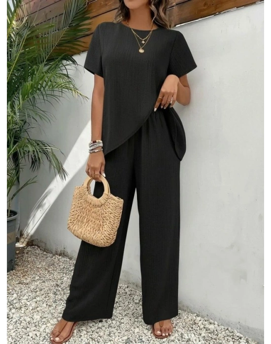 Kadın Kısa Kollu Bisiklet Yaka Asimetrik Kesim Detaylı Bürümcük Bluz Ve Pantolon Ikili Takım