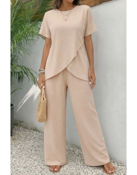 Kadın Kısa Kollu Bisiklet Yaka Asimetrik Kesim Detaylı Bürümcük Bluz Ve Pantolon Ikili Takım