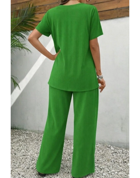 Kadın Kısa Kollu Bisiklet Yaka Asimetrik Kesim Detaylı Bürümcük Bluz Ve Pantolon Ikili Takım