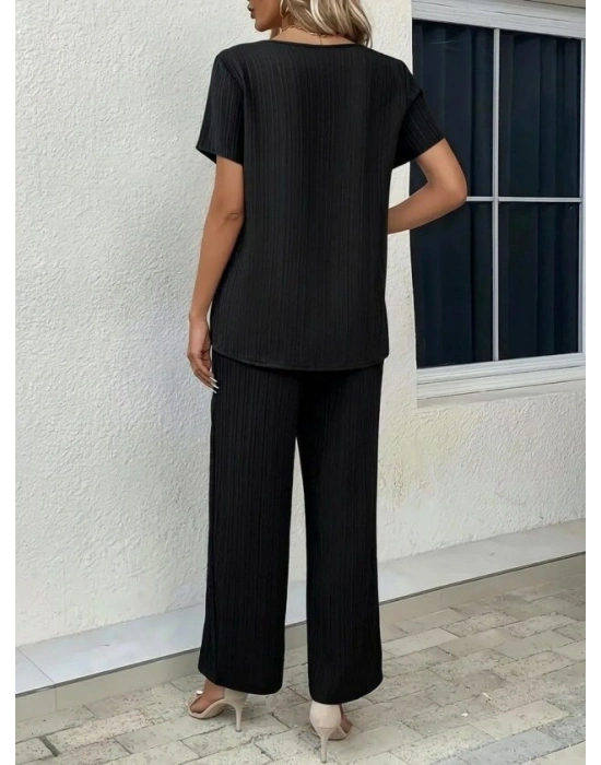 Kadın Kısa Kollu Bisiklet Yaka Asimetrik Kesim Detaylı Bürümcük Bluz Ve Pantolon Ikili Takım