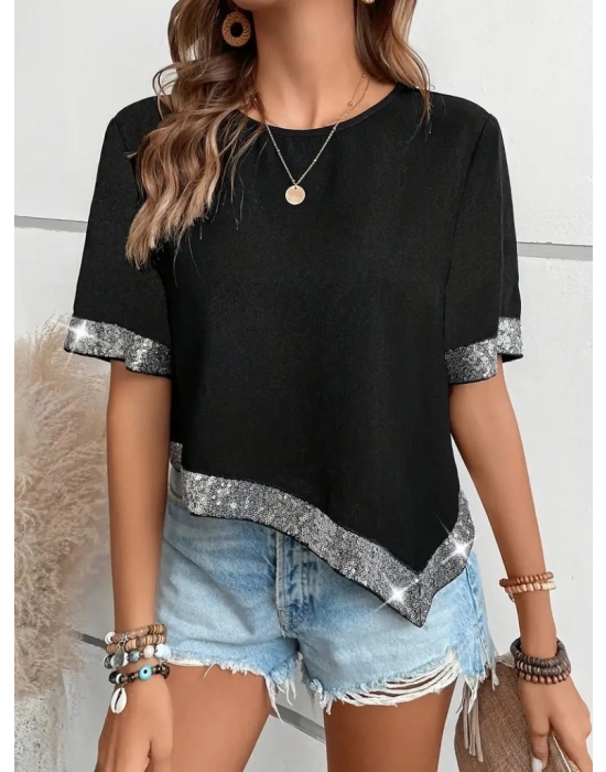 Kadın Kısa Kollu Bisiklet Yaka Asimetrik Kesim Detaylı Pul Payetli Krep Bluz