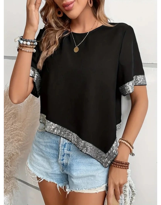Kadın Kısa Kollu Bisiklet Yaka Asimetrik Kesim Detaylı Pul Payetli Krep Bluz